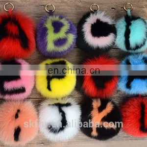 English Letters Design Fox Fur Pom Pom Keychain thumbnail-5