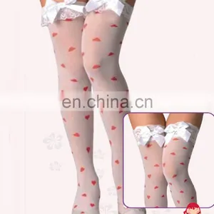Beautyslove Sheer Spandex/nylon Lingerie Hot Bow Girls Christmas Long High Socks LACE TOP HEART PRINT THIGH-HIGH STOCKINGS thumbnail-1