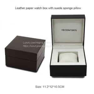 China Custom Logo Black Single Watch Storage Box Leather Paper Watch Box With Sponge Pillow thumbnail-1