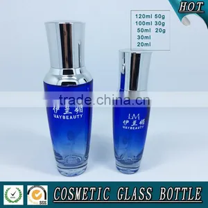Cosmetics Packaging Bule Colored Glass Pump Bottle and Glass Cosmetic Jar thumbnail-4