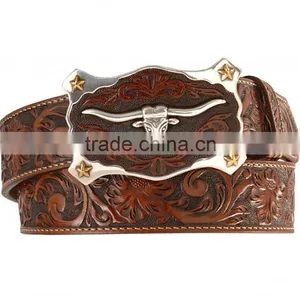 Western Cowboy Style Floral Emboss Black Genuine Leather Longhorn Buckle Belt thumbnail-3