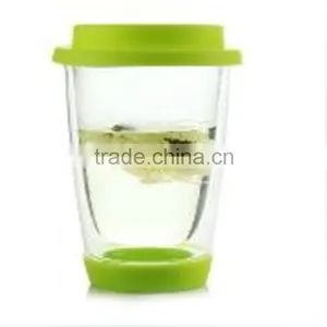 Pure Mouth Blowing High Borosilicate Heat-resistant 350ml Glass Cup With Plastic Lid and Bottom thumbnail-1