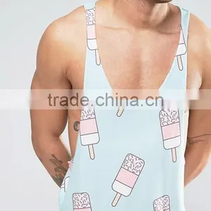 2017 High Quality New Design Summer Printed Custom Blue Sky Gym Wear Comfortable Cotton Polyester Casual Men's Sport Tank Tops thumbnail-3