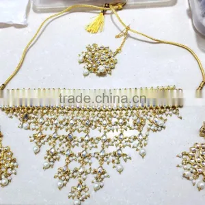 KUNDAN Designer Pearl GOLD PLATED Necklace DANGLER EARRING Set thumbnail-1