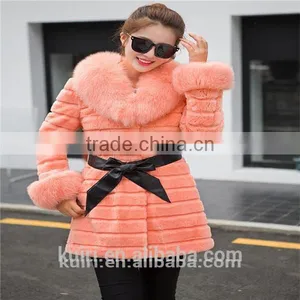 Large Size Real 2016 Winter New Women Fox Fur Collar Rabbit Fur Coat Outwear Female thumbnail-1