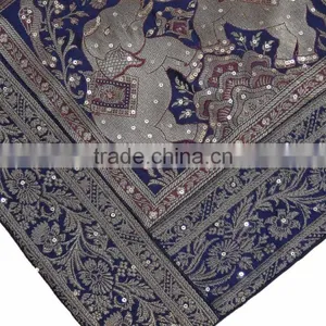 Elephant Accent Pillow - Navy Blue Zari Brocade Sari Sequin Cushion Cover 16" thumbnail-3