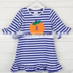 Halloween Blue Striped Pumpkin Embroidered Baby Girl Summer Dress thumbnail-1