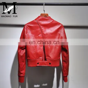 2017 Slim Red Leather Jacket Design Motorcycle Leather Ladies Short Jacket thumbnail-1