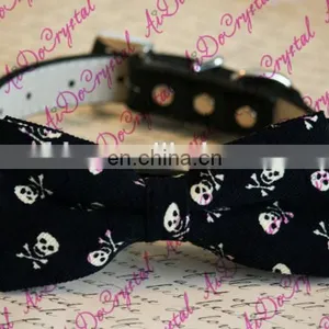Black Dog Bow Tie Attached to Black Leather Collar, Skull Bow Tie, Black Bow, Pet Lovers, Goth Wedding thumbnail-1