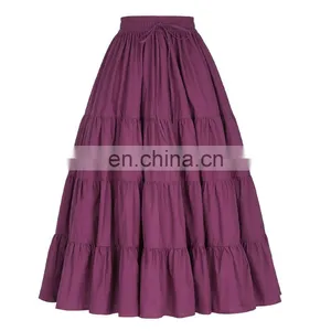 Belle Poque Women's Solid Wine Red Color Wide Hem Cotton Maxi Skirt Long Skirt BP000207-2 thumbnail-1