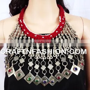 Afghani Ethnic Boho Gypsy Necklace Vintage Tribal Kuchi Necklace - Belly Dance Costume 1960s Ethnic Statement Necklace thumbnail-2