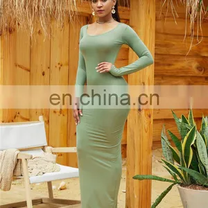 2020 Wholesale Casual Cotton Fall Winter Solid Color Pencil Maxi Dress Long Sleeve Bodycon Dresses Women thumbnail-4