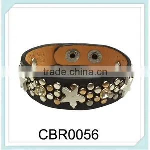 Fresh Arrival Cool Wide Round Punk Wraps Riveted Leather Crystal Bracelets With Shining Crystal,leather Wrap Bracelet thumbnail-1