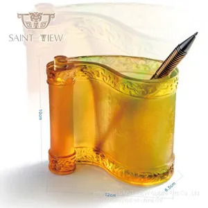 Liuli Crystal Glass Fish Lotus Office Feng Shui Decorative Pen Holder thumbnail-1