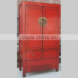 Chinese Red Antique Two Door Two Drawer Carved Wedding Cabinet thumbnail-1