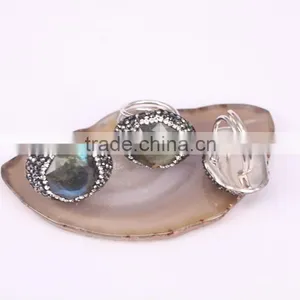 Natural Labradorite Ring, Metal Plated Silver Ring, Pave Setting Crystal Jewelry Finger Druzy Gem Stone Ring thumbnail-3