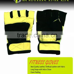 YELLOW FULL LEATHER FITNESS GLOVES, HIGH QUALITY LEATHER FITNESS GLOVES WITH PADDING WITH LONG STRAPS thumbnail-1