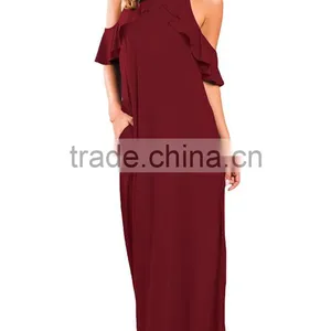 Wholesale Boutique Clothing China Women's Casual Cold Shoulder Ruffle Long Dresses for Women Islamic thumbnail-2