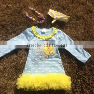 2015 New Baby Girls Turquoise White Polka Dot Chick Easter Dress With Necklace and Headband Set thumbnail-1
