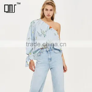 Tie Cuff Modern Lady's One Shoulder Stripe and Floral Poplin Blouse thumbnail-1