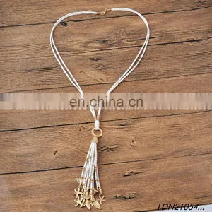 Bohemian White Suede Tassel Pendant Necklace Jewelry With Gold Starfish and Leaves Pendant on Tassel thumbnail-2
