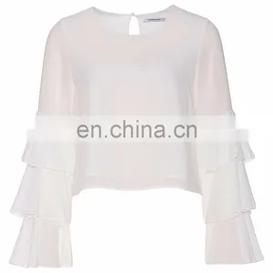 2018 Early Spring Long Flare Sleeve Chiffon Fashion Wholesale Ladies Frill Sleeve Blouse Designs thumbnail-4