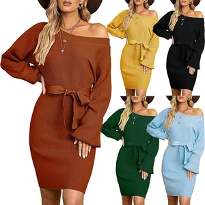 New Knit Solid Color Slim Women's Long-sleeved Bag Hip Off-shoulder Dress thumbnail-1
