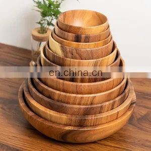 Tableware Wooden Salad Server Reusable Bamboo Serving Bowl Large Wood Round Kitchen Bowl thumbnail-1