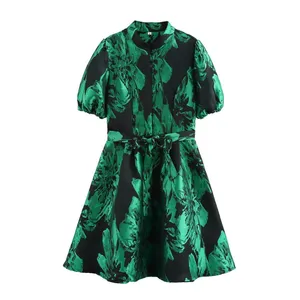 European and American Style Women's Jacquard Waist Cinched Single Breasted Bubble Sleeve Dress for Women thumbnail-1