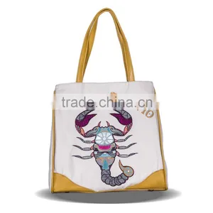 Constellation Series Embroidery And Printed Scorpio Female Canvas Handbag Daily Use Single Shoulder Shopping Bags thumbnail-1