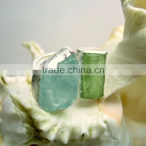 Aquamarine & Green Kyanite Rough Natural Gemstone Ring, 925 Solid Sterling Silver Ring, Designer Raw Bezel Ring thumbnail-4