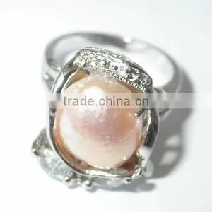 18K Gold Inlaid Pearl Round Ring Orange Pearl Tahitian Pearl Ring thumbnail-1