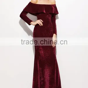 New Style Off the Shoulder Long Sleeve Flounce Layered Neckline Maxi Evening Dress Women New Sexy Fishtail Velvet Dresses thumbnail-1
