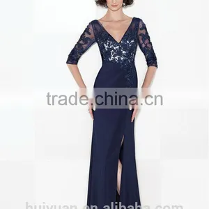 Royal Blue Long Sleeve Deep v Neck Chiffon Lace Mother Bridal Dresses Websites thumbnail-1