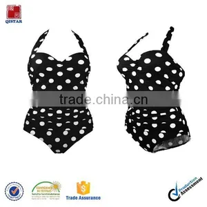 Vintage Floral Print White Polka Black One Piece Bathing Suits thumbnail-1
