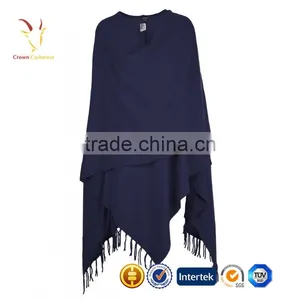 Womens Knit Poncho With Fringe,Women Navy Wool Poncho thumbnail-2