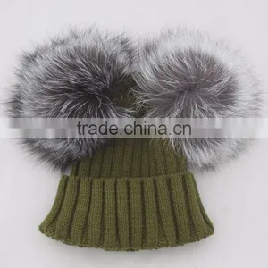 Myfur Classical Beige Color Ribbed Knitting Hat With Luxury Silver Fox Fur Pom Poms thumbnail-2