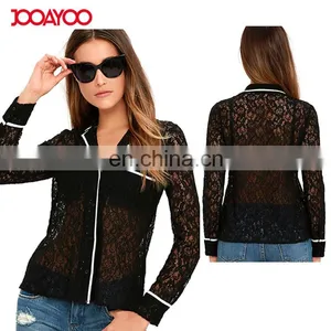 2017 New Sexy See Through Hollow Out Black Sheer Women Lace Tops Images of Ladies Casual Tops thumbnail-1