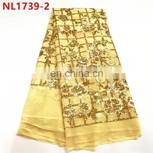 Flower Design African Lace Fabric Sequins Net Lace Fabric 5yard/ Pieces Tulle Net Lace Fabric for Women Dresses thumbnail-3