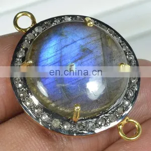 Pave Diamonds !! Handmade 925 Sterling Silver Faceted Flashy Labradorite Moonstone Gemstone Connector thumbnail-1