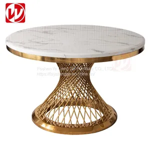Antique Round Dining Room Furniture Restaurant Marble White Glass Top Golden Stainless Steel Wedding Banquet Table thumbnail-5