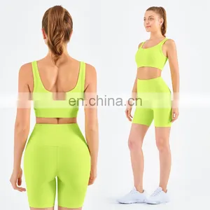 Athletic Ribbed Yoga Fitness Women Square Neckline Sports Bra Biker Shorts Set Gym thumbnail-3