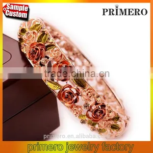 Rhinestone Embed Hollow Leaves Blessing Flowers Rose Golden Bracelets Bangles Women thumbnail-1