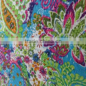 Blue Color Multi Print Paisley Cotton Bedspread, Decorative Queen Size Kantha Quilt, Reversible Indian Bed Cover, Designer Kanth thumbnail-1