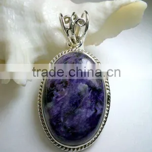 Charoite Oval Cabochon Gemstone Pendant, Designer 925 Solid Sterling Silver Pendant, Fashionable Freefrom Bezel Pendant thumbnail-1