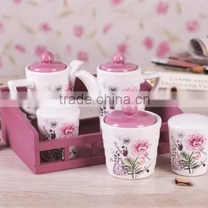 DFC Ceramic Salt Pepper Oil Vinegar Sugar Cruet Set With Pink Wooden Stand thumbnail-1
