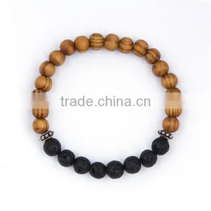 Stone Lava Wood Beaded Healing Bracelet Antique Silver Gear Black & Brown Elastic 23.5cm Long thumbnail-1