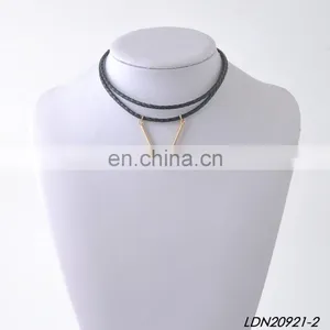 New Fashion Gold Initial V Pendant Necklace Handmade Leather Choker Necklace thumbnail-3