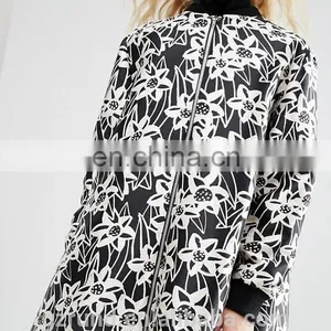 China Supplier Wholesale OEM ODM New Fashion Lady Winter Coat, Black and White Print Floral Satin A- Line Coat With Rib Detail thumbnail-3