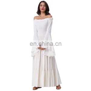 Belle Poque Retro Vintage Long Bell Sleeves Off Shoulder Cotton Flared A-Line Beige Long Maxi Dress BP000401-1 thumbnail-4
